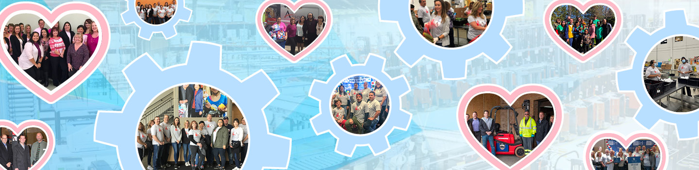 Photos of volunteering and donation activities inside heart- and gear-shaped frames