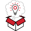 Core Values logo for "Creative Problem Solvers". A white and red box has a thought bubble above it, containing a lightbulb with a red gear inside the bulb.