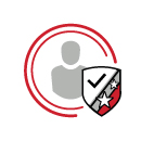 Core Values logo for "No Excuse Devotion". An icon of a person with a shield in front of it, with a checkmark and two stars inside the shield.