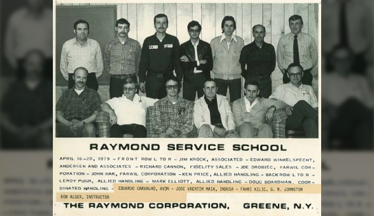 Newspaper clipping from 1979 of a group photo of technicians at the Raymond Service School, representing various Raymond dealerships