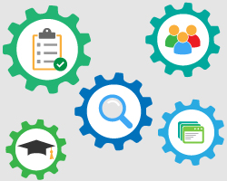 Standardization represented as gears. Each gear has an icon inside: a clipboard, magnifying glass, graduation cap, people, and application windows.