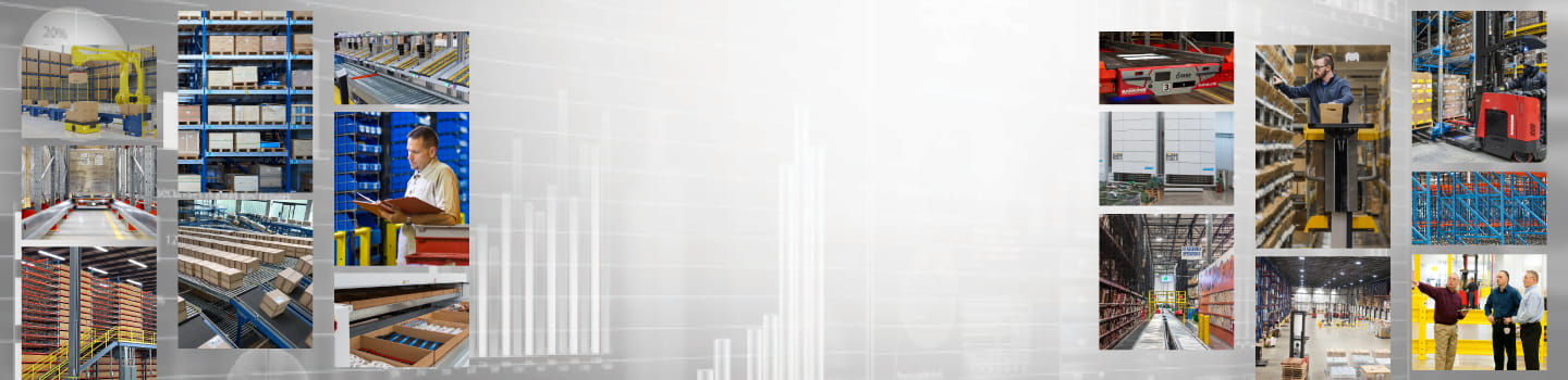 Collage of material handling and automation systems on top of an off-white background with data charts.