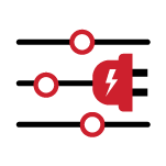 Icon of three slider bars, connected to an electric cord plug