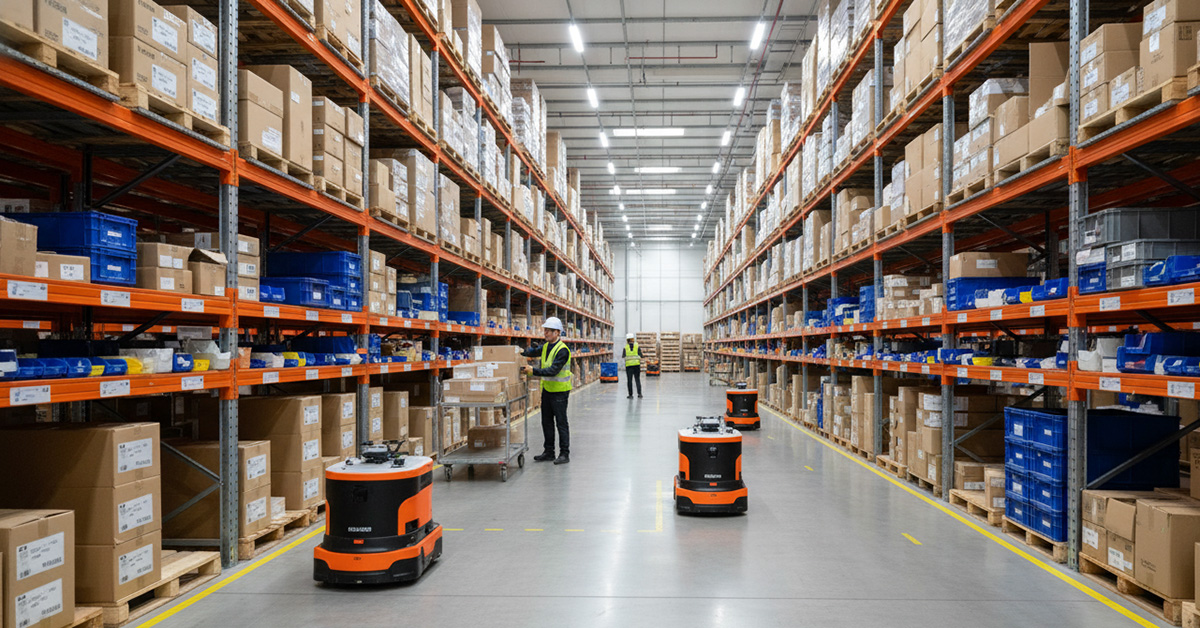 mobile robots in warehouse aisle