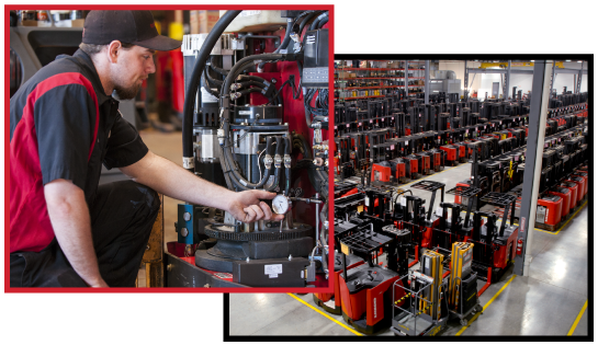 Image 1: Forklift technician; Image 2: warehouse floor full of Raymond forklifts