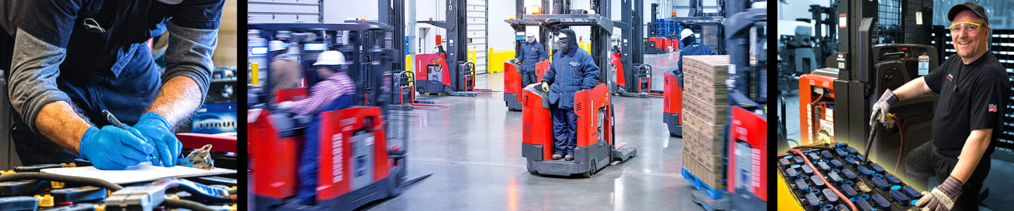Collage of lead acid batteries being worked on, and several forklifts being operated in a warehouse.