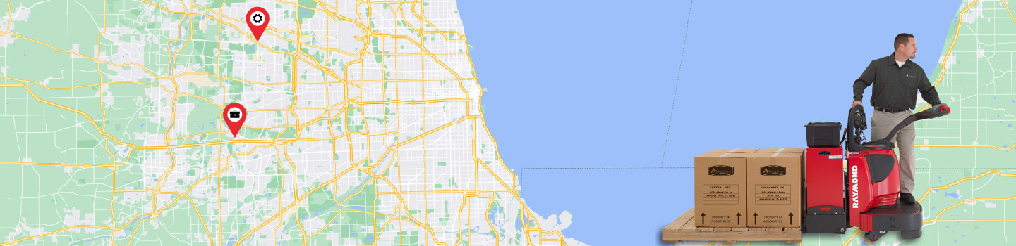 Map of Chicagoland area with a man pulling a pallet jack loaded with boxes