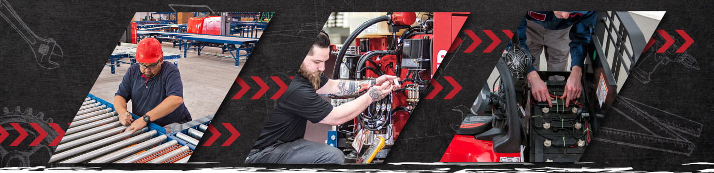 Field Service Technicians working on conveyors, lift trucks, and batteries