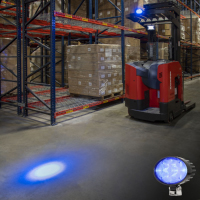 Forklift with a blue LED pedestrian safety light, shining a blue light on the ground on its path